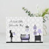 Damast-Babyparty: Lila: Einladung (Stehend Vorderseite)