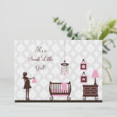 Damast-Babyparty: Mädchen: Einladung (Stehend Vorderseite)