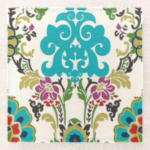 Damast-Blumenmuster-Pflaumen-Türkis Glasuntersetzer