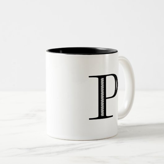 Damast-Buchstabe P - Schwarzes Zweifarbige Tasse (VorderseiteRechts)