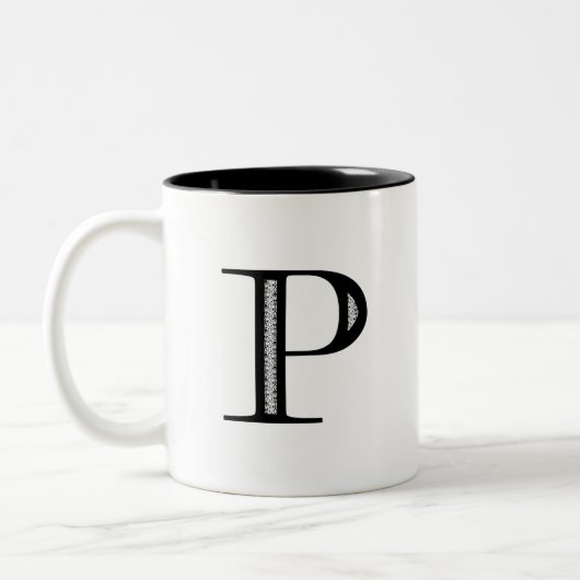 Damast-Buchstabe P - Schwarzes Zweifarbige Tasse (Links)