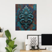 Damast geprägte Fleur-De-Lis Poster (Heimbüro)