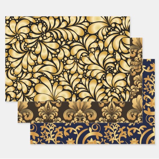 Damast Gold & Schwarz Geschenkpapier 3 Bogen Set