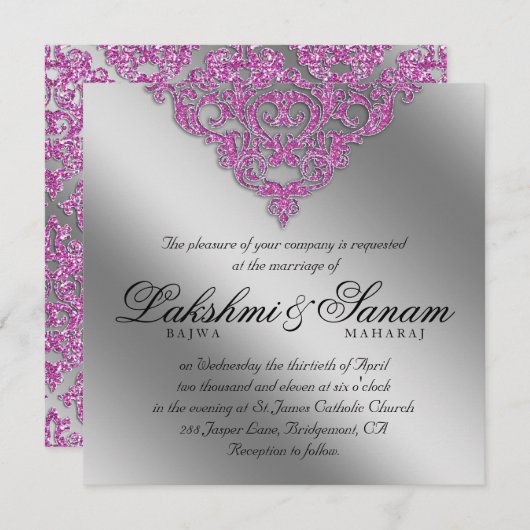 Damast-Hochzeit laden Schein-silbernes Rosa ein Einladung (Vorne/Hinten)