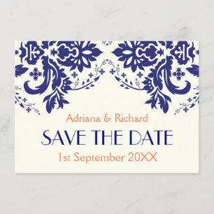 Damast marineblau, Korallen Hochzeit Save the Date Einladung