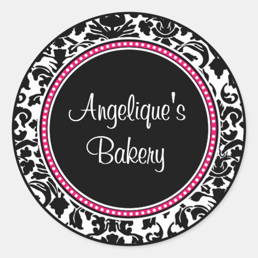 Damast mit schwarzer Mitte und rosa Zierleisten Runder Aufkleber (Vorderseite)