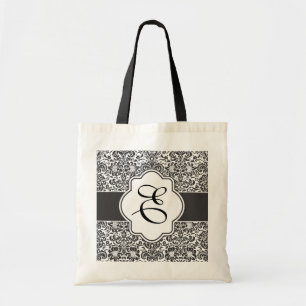 Damast-Monogramm-Brautjungfer-Tasche mit schwarzen Tragetasche