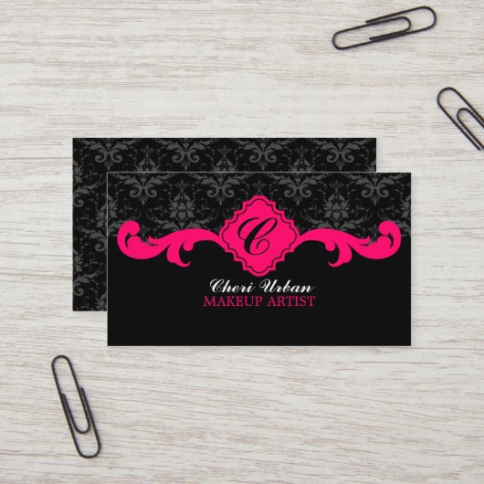 Damast-Monogramm-Pink Visitenkarte (Vorderseite/Rückseite Beispiel)