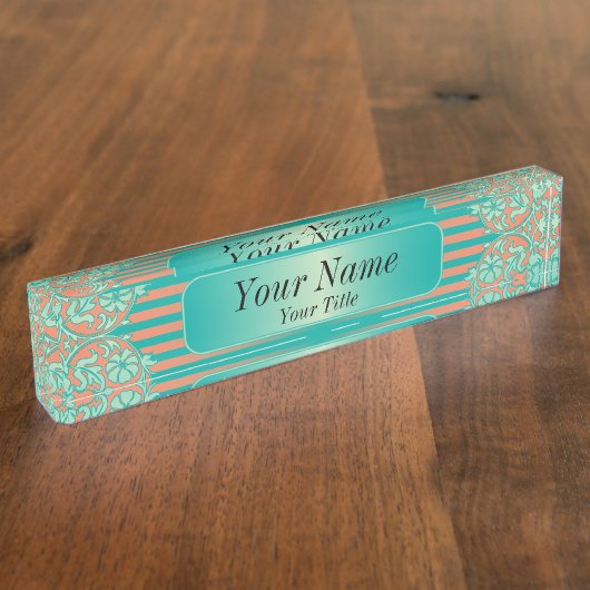 Damast-Muster im aquamarinem u. der Korallen-| DIY Namensplakette (Seite)