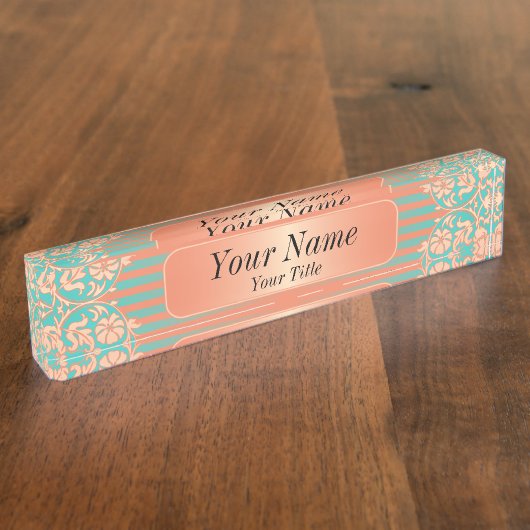 Damast-Muster in korallenrotem u. aquamarinem | Namensplakette (Seite)