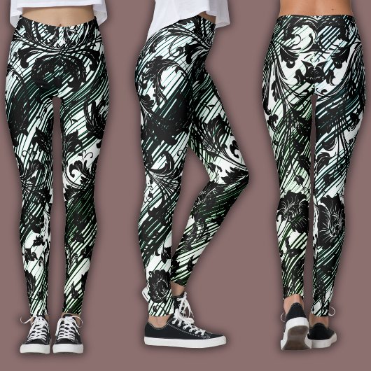 Damast-Muster | Schwarz, Weiß & Grün Leggings
