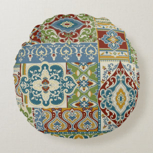 Damast-Patchwork: Farbige türkische Vintage. Rundes Kissen