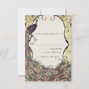 Damast-Pfau Eleganz Aubergine Gold und Aqua RSVP Karte