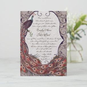 Damast Pfau Eleganz Aubergine Rot und Türkis Einladung