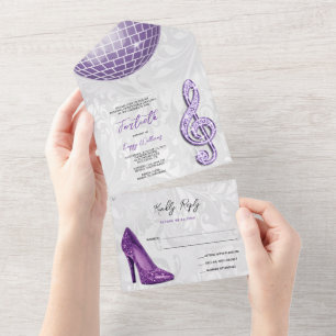 Damast, Purpur Stiletto, Musik & Disco Kugel 40. All In One Einladung