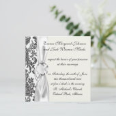 Damast-Rose weiß und schwarz Einladung (Stehend Vorderseite)