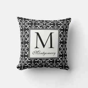 Damast Schwarz Weiß Monogramm Kissen