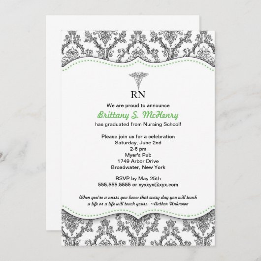 Damast-schwarzer grüner Krankenschwester-Abschluss Einladung (Vorne/Hinten)