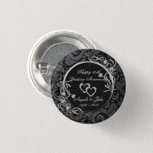Damast, Silberne Herzen, Florale Hochzeitsjubiläum Button