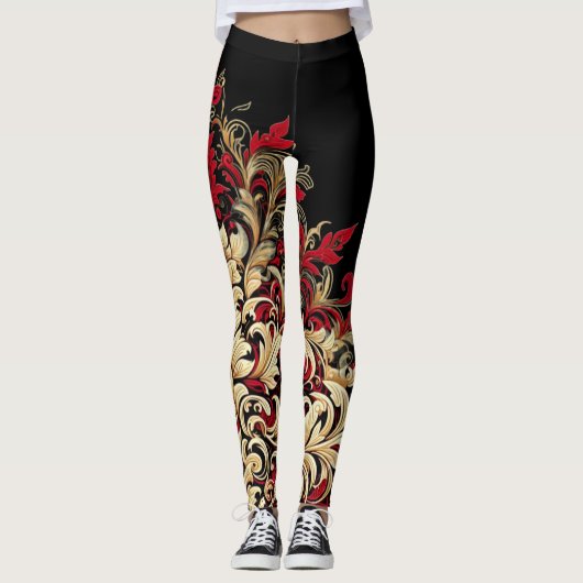 Damast-Stil rote und schwarze Leggings (Vorderseite)