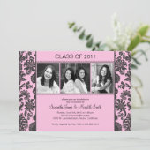 Damast-Streifen-Absolvent - Rosa/Schwarzes Einladung (Stehend Vorderseite)