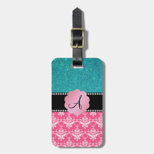 Damast-Türkis-Glitter des Monogramms rosa Gepäckanhänger