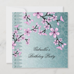 Damast Türkis Rosa Blüte Asiatisch Floral Party Einladung