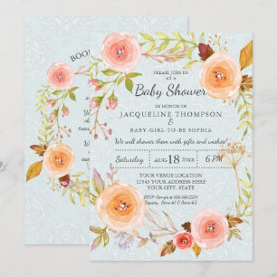 Damast-Typografie Blau und Rosa Aquarell-Blumen Einladung
