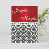 Damast u. Hochzeit der Rosen-elegantes Rotes u. Einladung (Stehend Vorderseite)