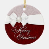 Damast-weißer Satin-frohe Weihnachten Keramikornament (Vorne)