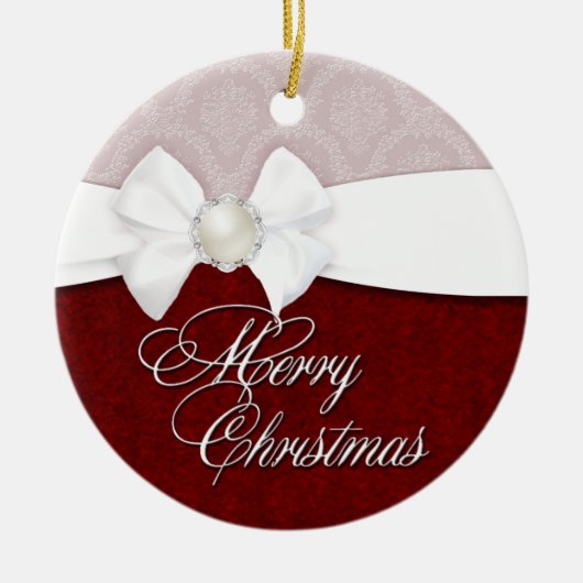 Damast-weißer Satin-frohe Weihnachten Keramikornament (Vorne)