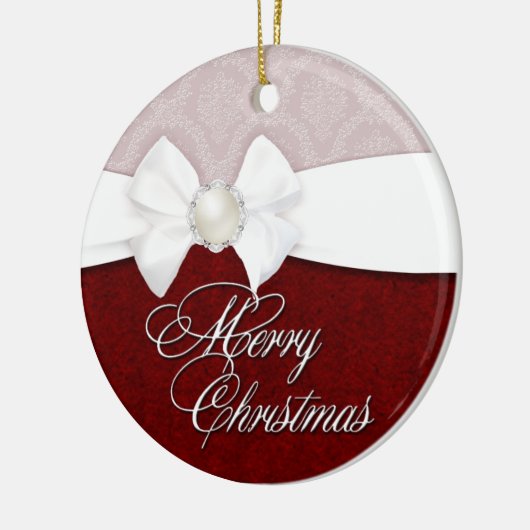 Damast-weißer Satin-frohe Weihnachten Keramikornament (Links)