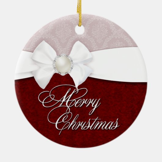 Damast-weißer Satin-frohe Weihnachten Keramikornament (Hinten)