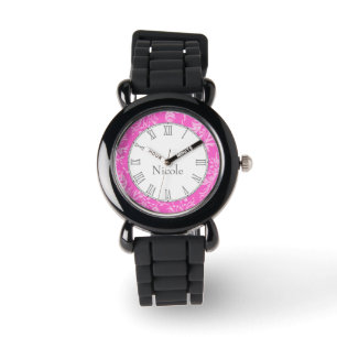 Damast-Wildblumedruckrosa-Namenarmbanduhr Armbanduhr