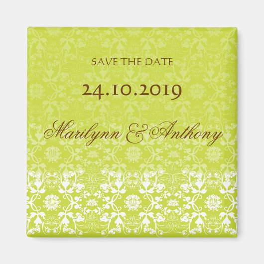 Damast Wirbel Spitze Limette Save The Date Magnet (Vorne)