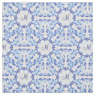 Damastblau-Muster. Monogramm. Stoff