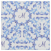 Damastblau-Muster. Monogramm. Stoff (Nahaufnahme)