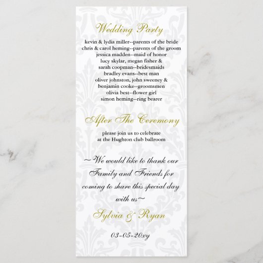 Damastgelbe Hochzeit Programm (Rückseite)