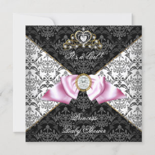 Damastgraue Babyparty Mädchen Schwarz Rosa Prinzes Einladung