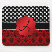 Damastschwarz-Tupfen des Monogramms rote Mousepad (Vorne)