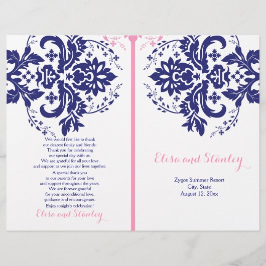 Damaszener Marineblau, rosa Hochzeitsprogramm (Vorderseite)