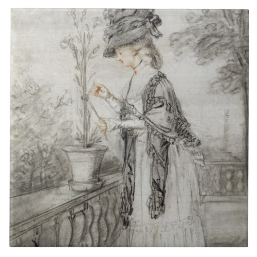 Dame auf einer Terrasse, die eine Fliese (Vorderseite)