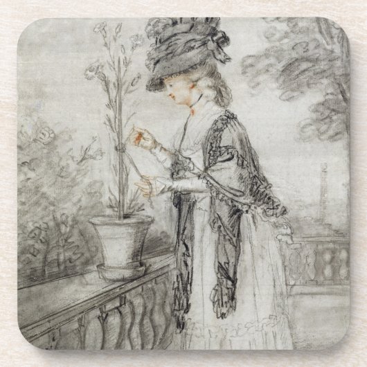 Dame auf einer Terrasse, die eine Getränkeuntersetzer (Vorderseite)