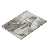 Dame auf einer Terrasse, die eine Notizblock (Linke Seite)