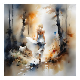 Dame, die durch einen Wald geht Fotodruck