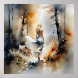 Dame, die durch einen Wald geht Poster