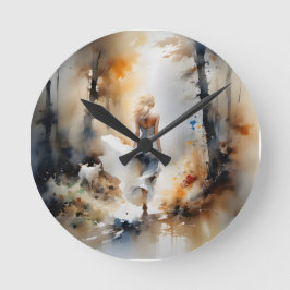 Dame, die durch einen Wald geht Runde Wanduhr