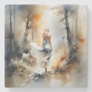 Dame, die durch einen Wald geht Steinuntersetzer