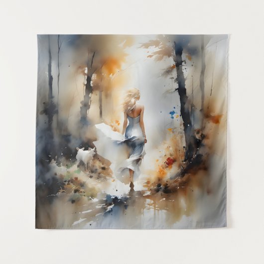 Dame, die durch einen Wald geht Wandteppich (Vorderseite)