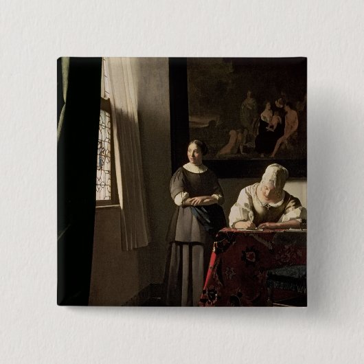 Dame, die einen Brief mit ihrem Mädchen, c.1670 Button (Vorderseite)